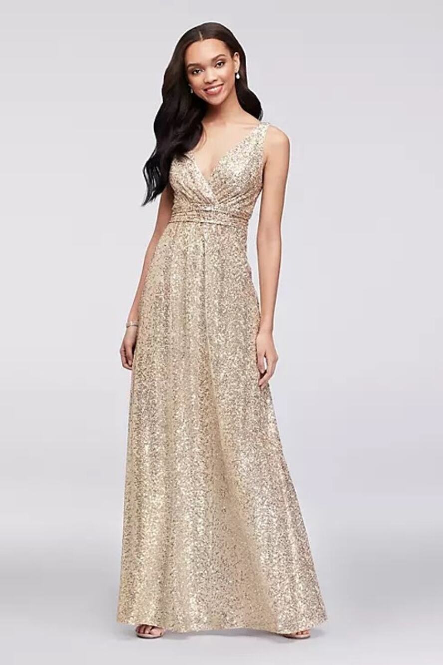 David's Bridal sequin v-neck bridesmaid dress with satin piping gold size 8